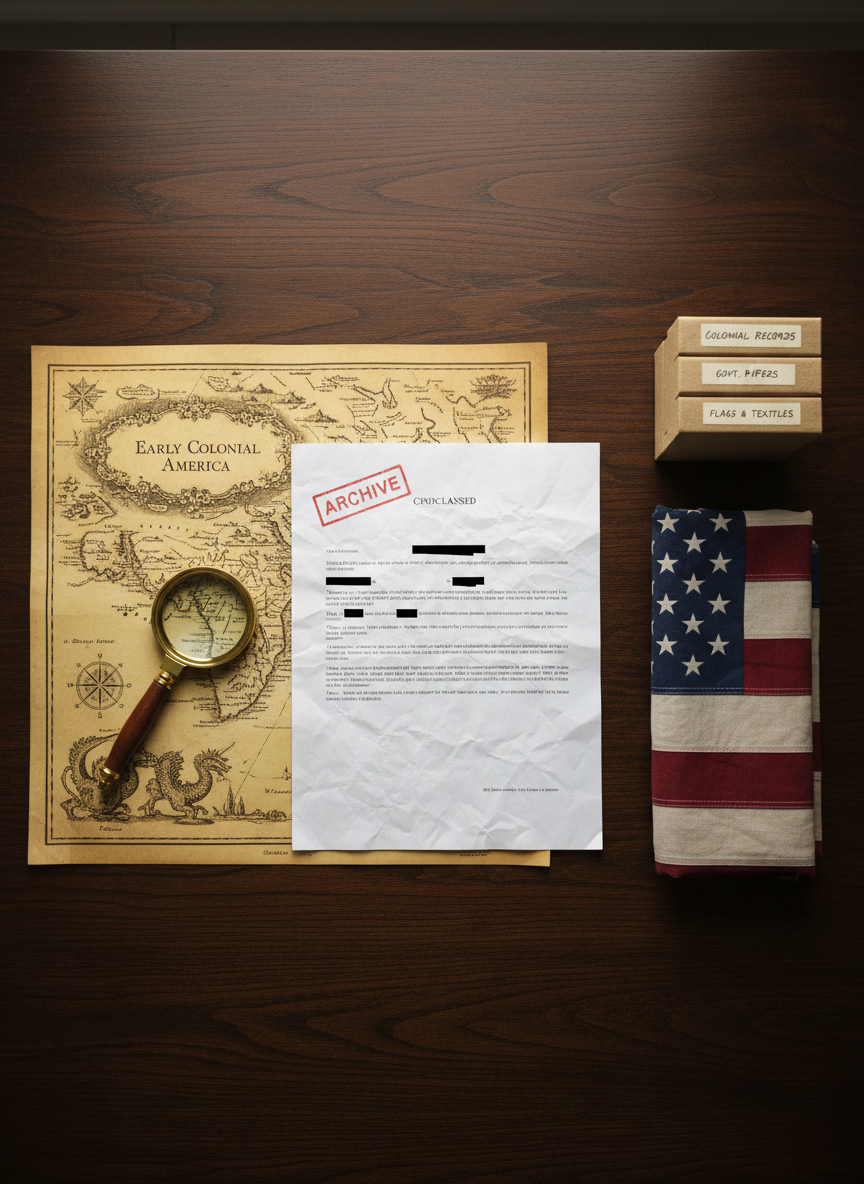 A meticulously arranged flat lay of primary historical sources spread across a dark walnut table: a crisp, declassified government document stamped “ARCHIVE,” a sepia-toned map of early colonial America, and a neatly folded American flag with slightly dulled colors. Beside them, an antique brass magnifying glass and a small stack of labeled archival boxes suggest ongoing research. Soft, diffused overcast light from above reveals the fibers of the paper and the grain of the wood, minimizing harsh shadows. Shot from a true bird’s-eye view in sharp photographic detail, the composition feels organized and professional, evoking the careful, methodical work of finding time that has escaped through historical evidence.